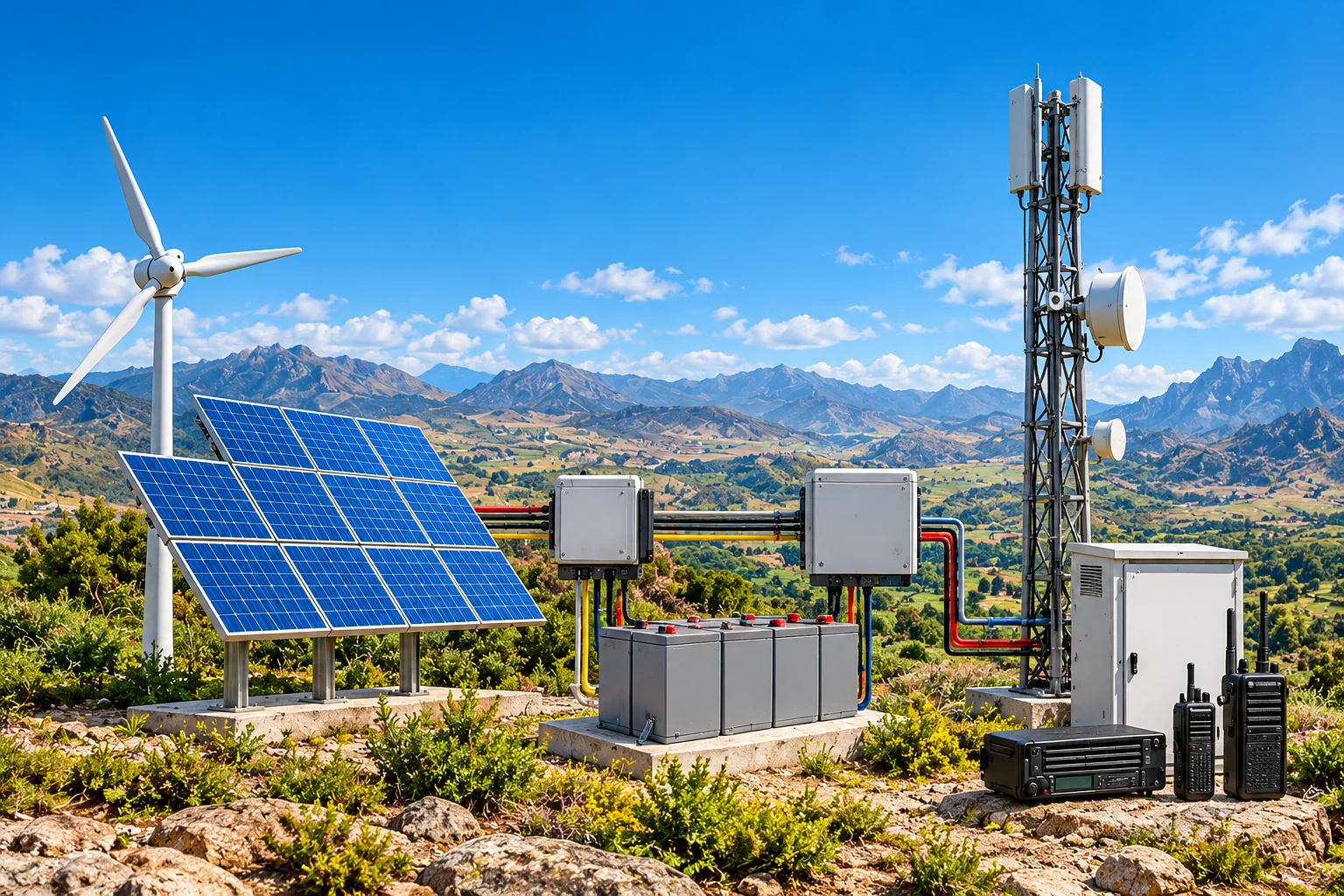 Instalación ilustrativa de energía solar y eólica con controlador, baterías, inversor y equipos de telecomunicaciones en una zona remota
